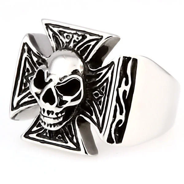 luxury wedding rings -Ranger: Imposing Mens Skull & Maltese Iron Cross Biker Ring 316 Steel