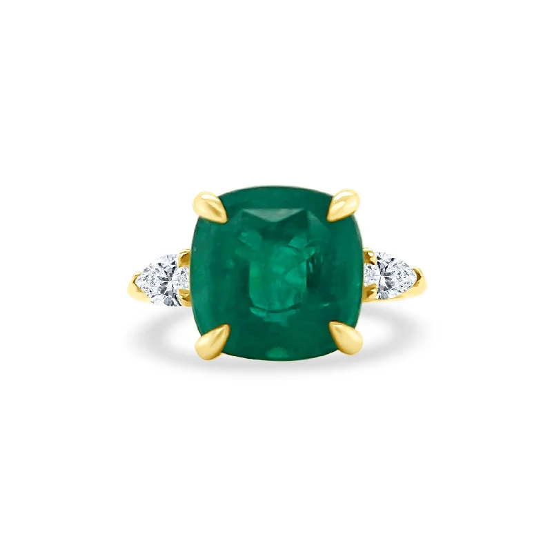 simple charm necklaces for women -Cushion Cut Emerald with Pear Cut Diamond Side Stones