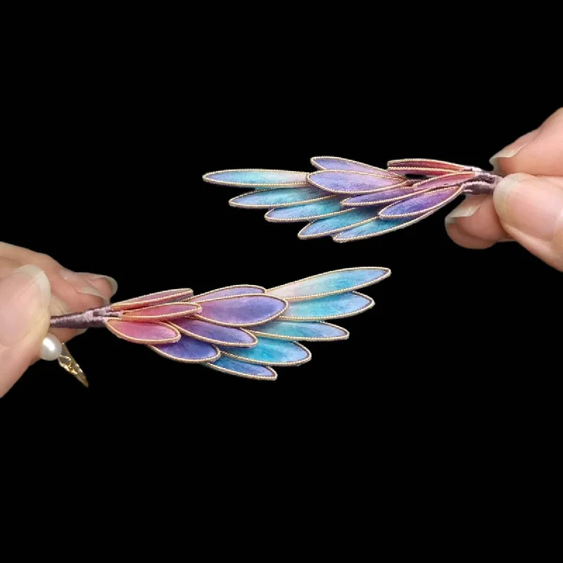 dangling pearl earrings for women -Rainbow Feather Bespoke Earrings-Rainbow Silk Earrings(Ronghua)