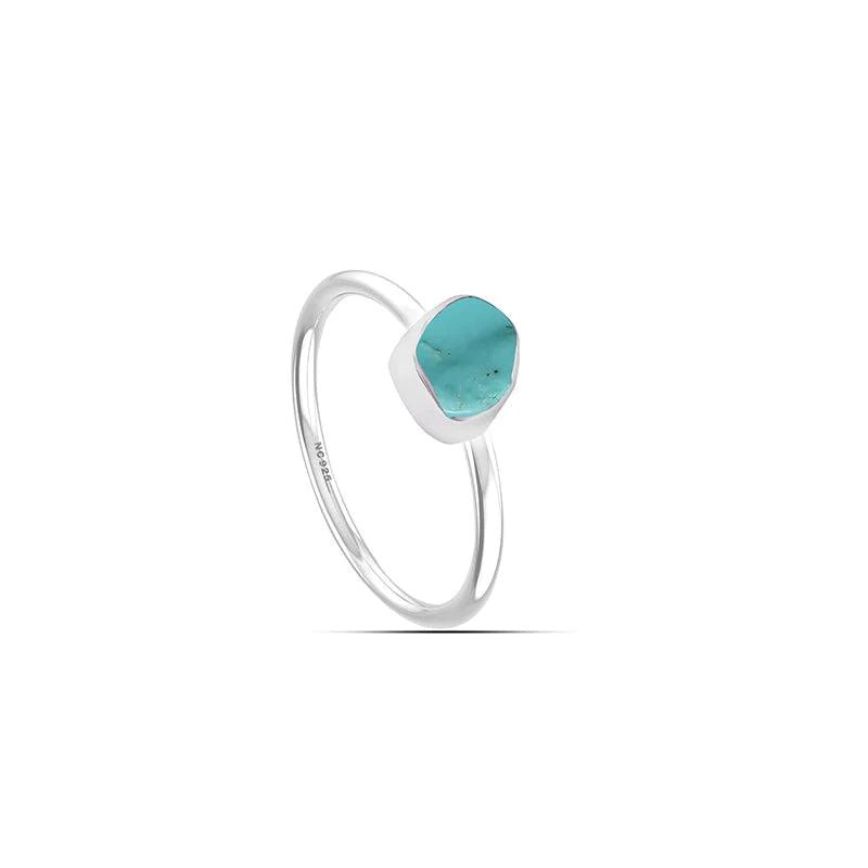 adjustable rings for women -Rough Cut Genuine Turquoise Bezel Set Sterling Silver Stacking Ring