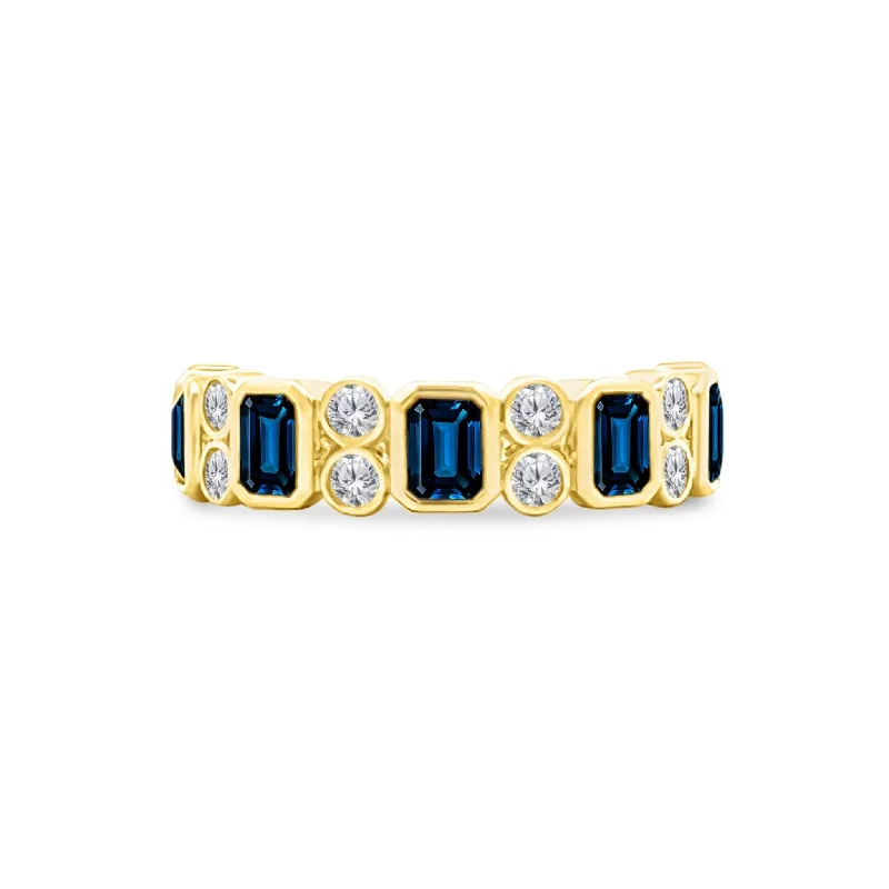 simple gold necklaces for women -Alternating Emerald Cut Blue Sapphire & Double Diamond Bezel Band