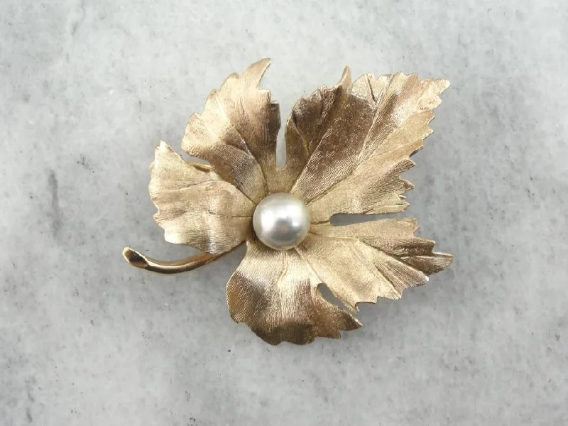 Gold Grape Leaf Brooch with Pearl Center