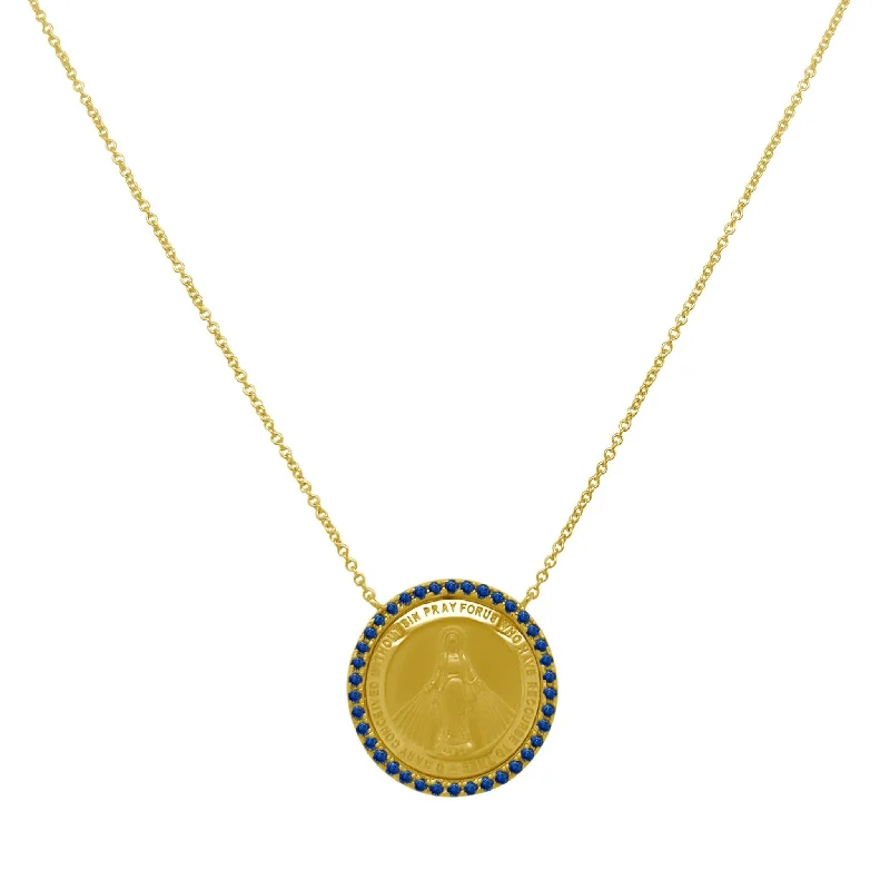 statement necklaces for women -Blue Sapphire Halo Miraculous Medal