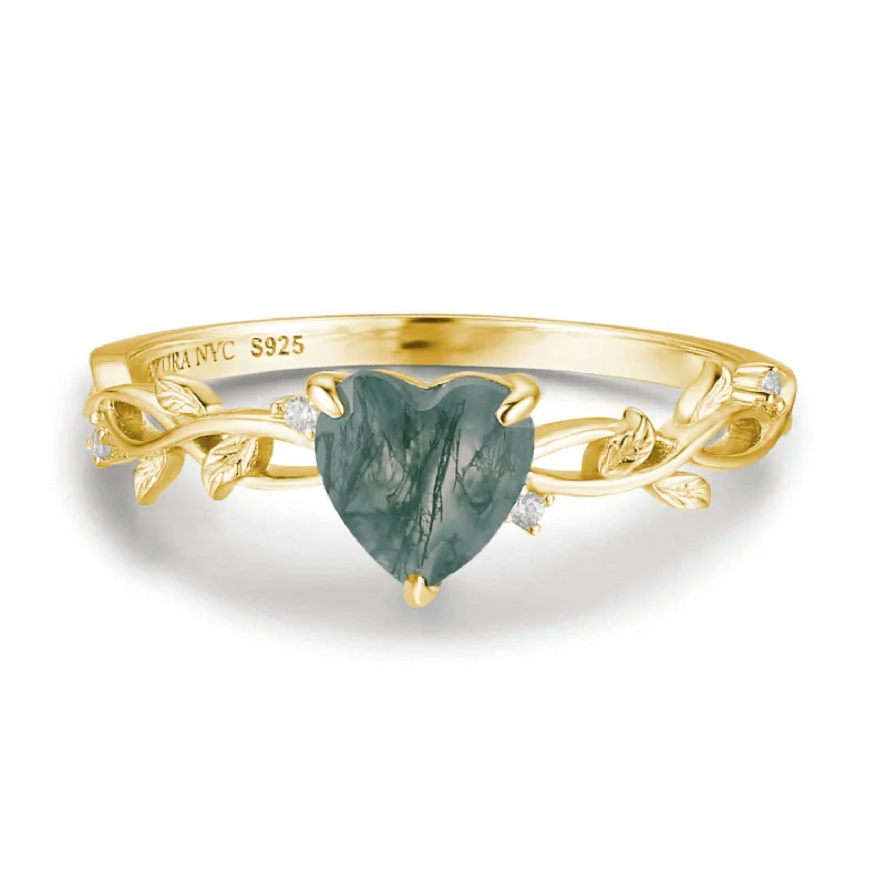 trendy necklaces for women -Everlasting Heart Moss Agate Ring (Yellow Gold)©