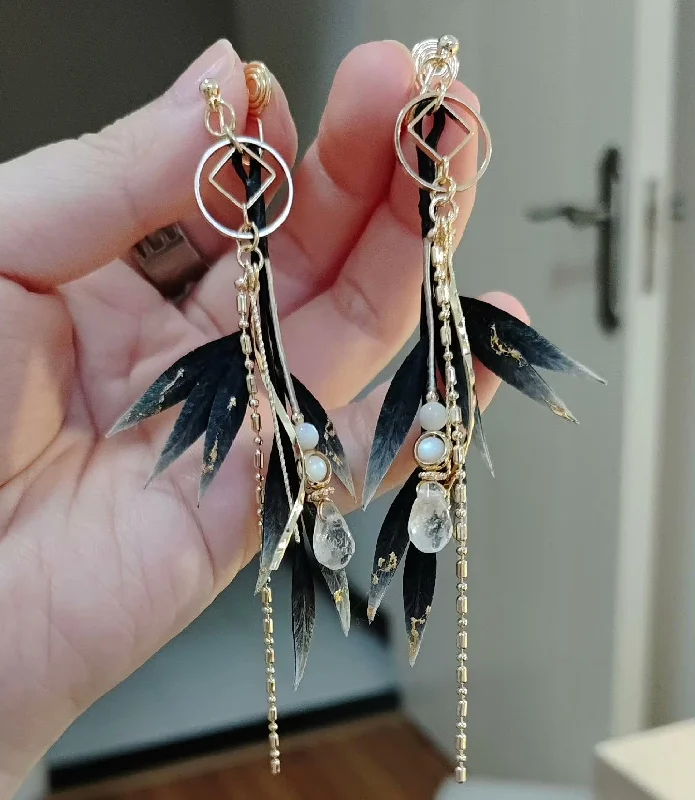 luxury earrings for women -Black Leaves Bespoke Earrings - Silk Earrings(Ronghua)