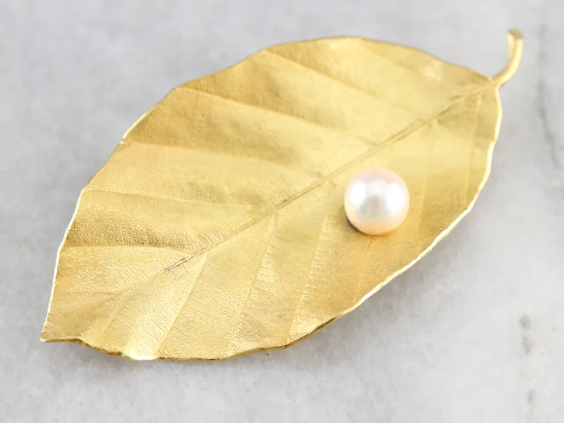 High Karat Gold Pearl Leaf Brooch