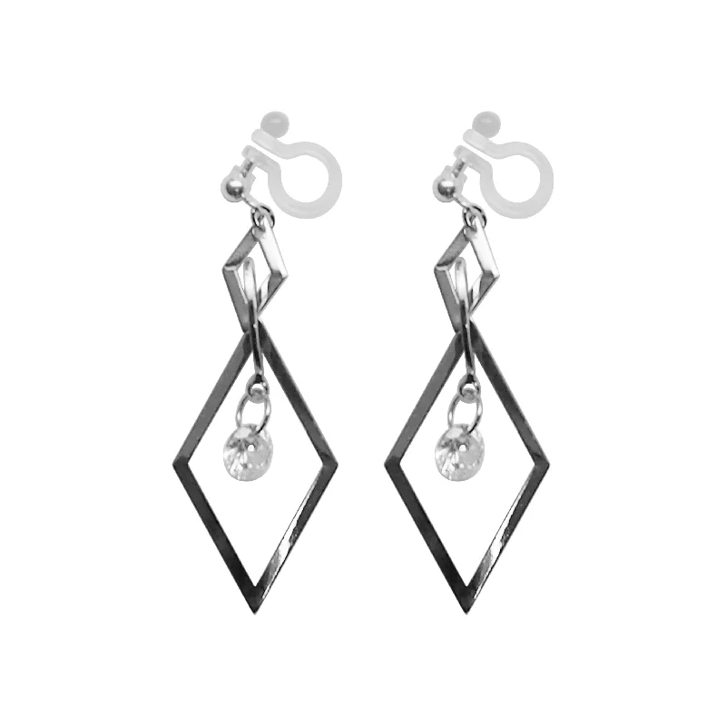 long earrings for women -Silver diamond shape hoop cubic zirconia crystal dangle invisible clip on earrings