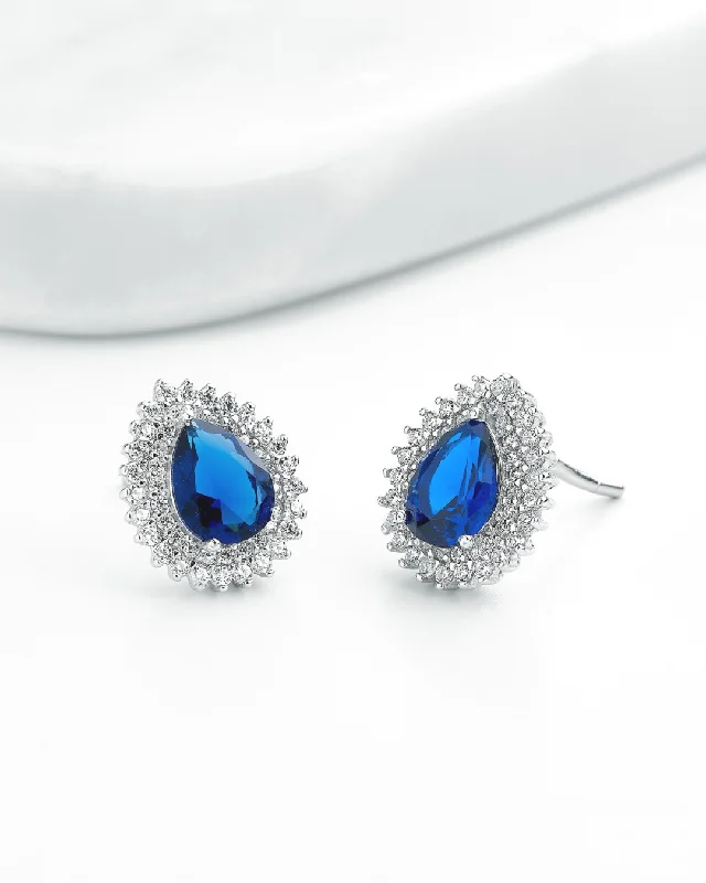 pearl stud earrings for women -Zircon Oval Blue (03) Earring