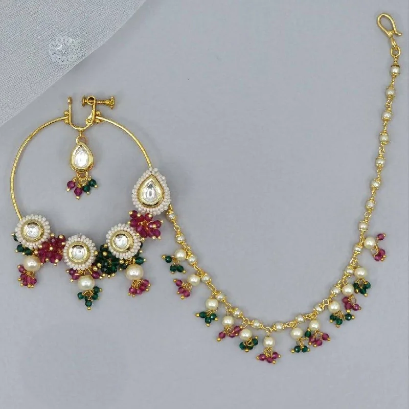 custom name rings -Multicolor Gold plated Kundan Bridal Nose Ring with chain