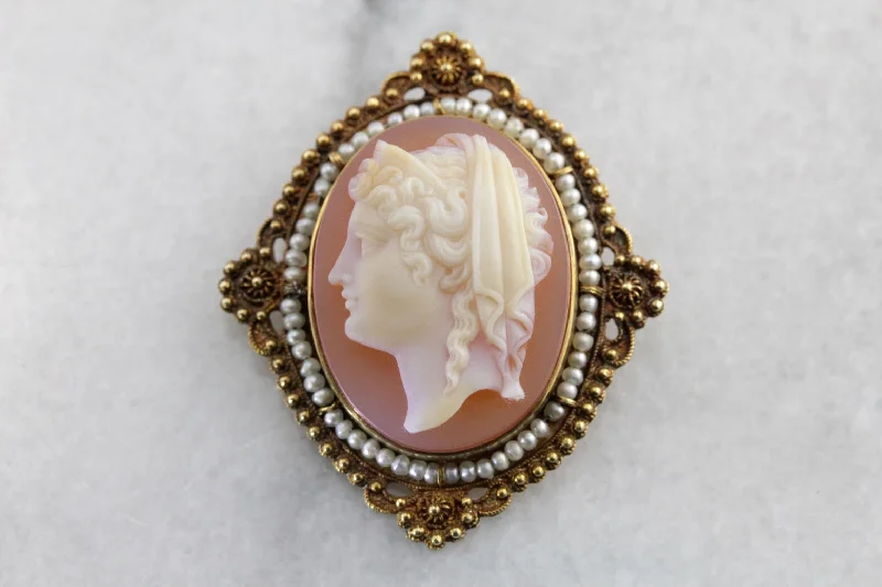 Stunning Victorian Sardonyx Cameo Brooch or Pendant, Elegant Seed Pearl Halo