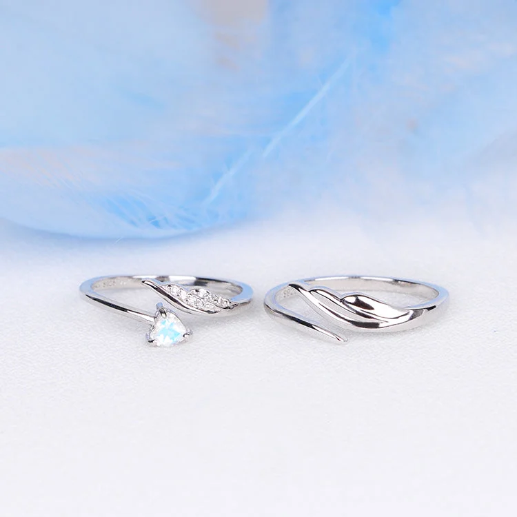 sapphire rings for women -Couple Jewelry Heart-Shaped Moonstone Ring in White Gold Plated Silver Engage Ring Women Men