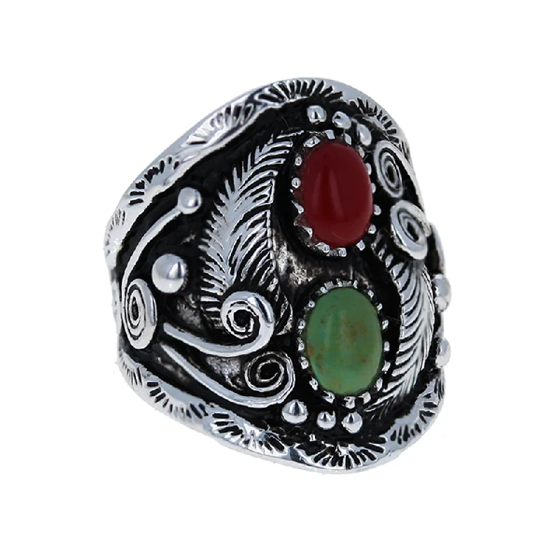 promise rings for women -Navajo Turquoise and Coral Ring