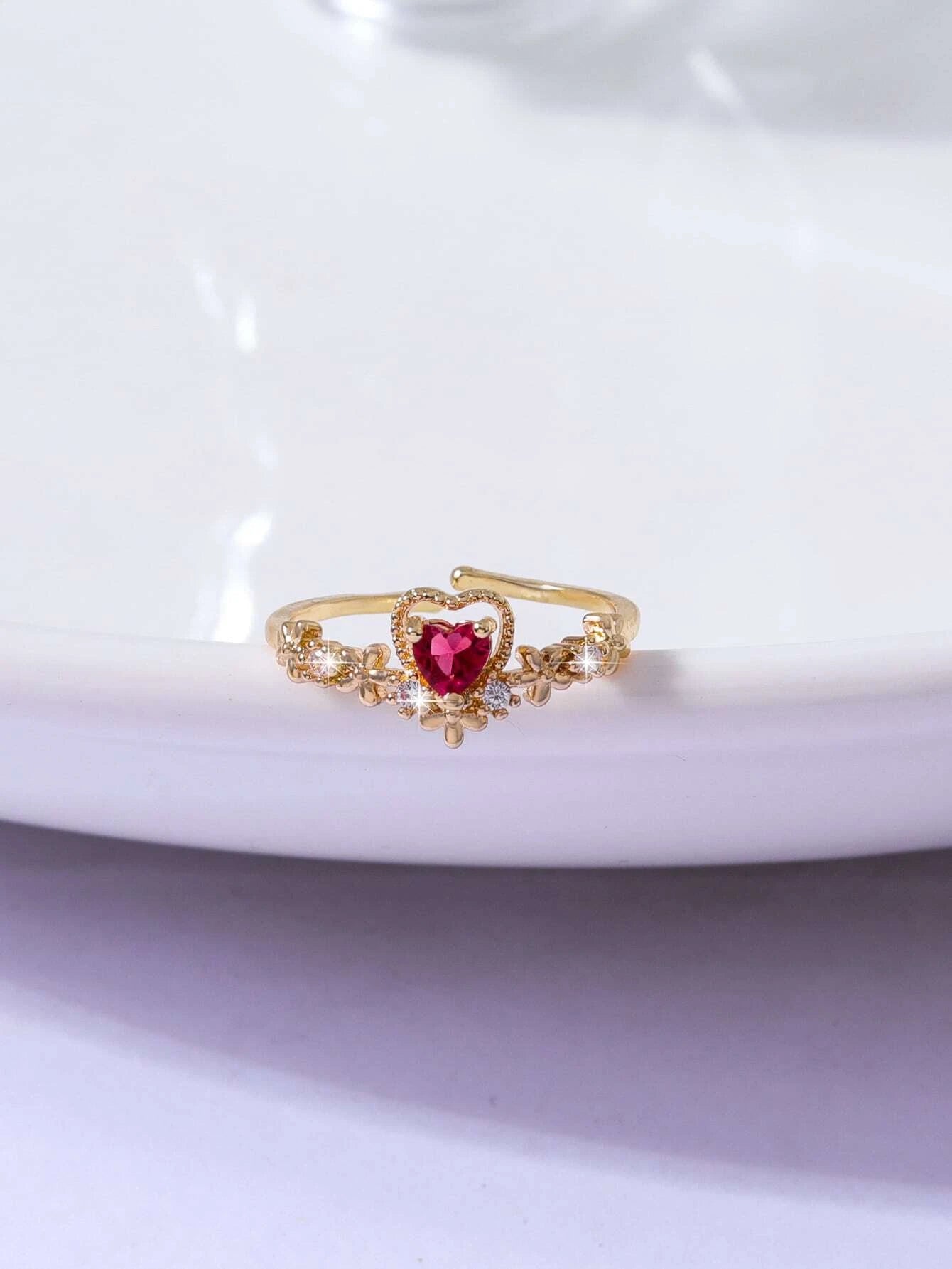 diamond solitaire rings -Gold Adjustable Ring w/ Pink Rhinestone Heart