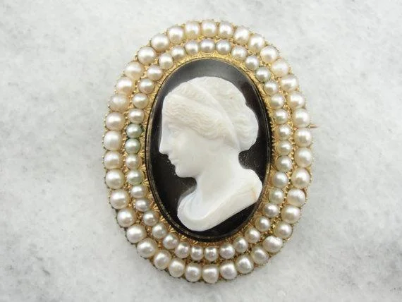 Victorian Mourning Cameo Seed Pearl Brooch