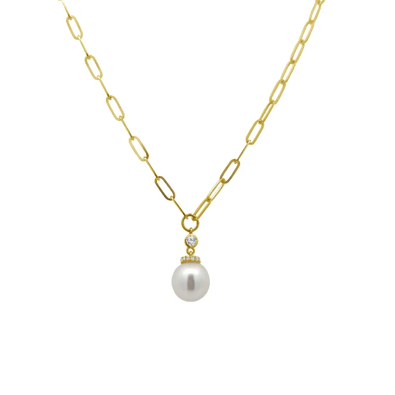 stylish pendant necklaces for women -Paper Clip & Diamond Bezel Pearl Pendant