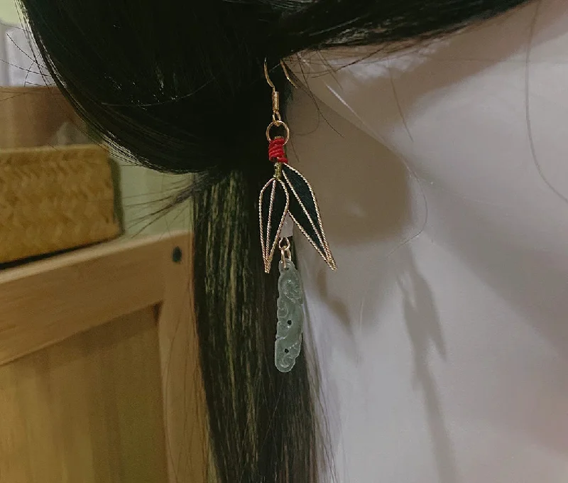 gold hoop earrings for women -Bamboo Leaf And Jade Bespoke Earrings - Silk Earrings(Ronghua)