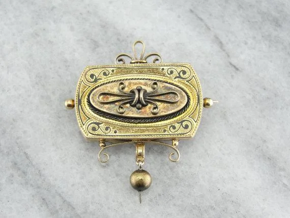 Victorian Black Enamel Gold Brooch