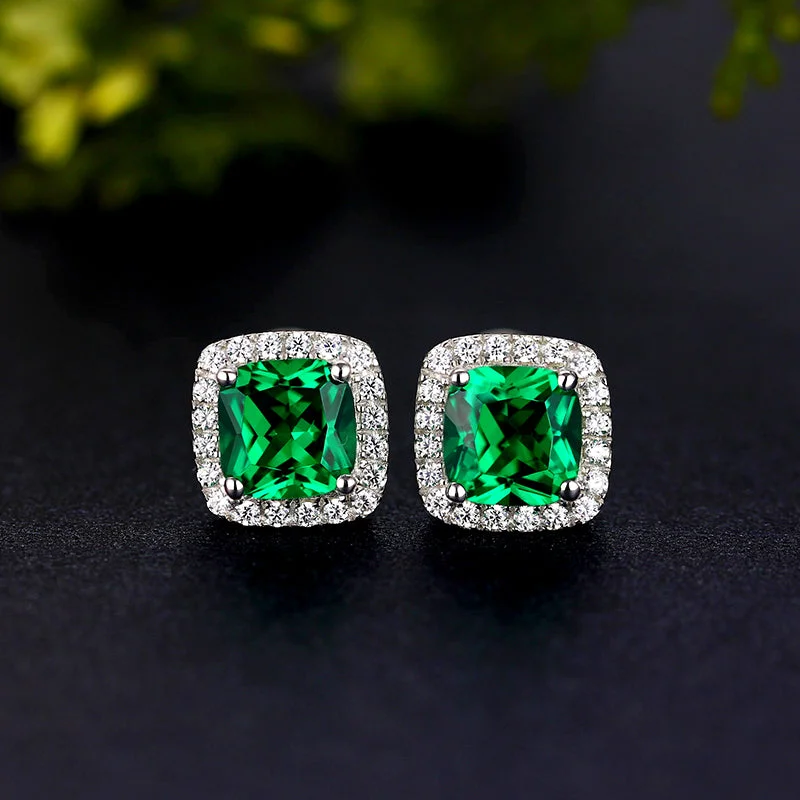 silver stud earrings for women -Retro Emeralds Cut Halo Stud Earrings in 18K Platinum Plated Sterling Silver