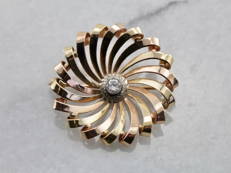 Mid Century Spiral Brooch with Diamond Center in Tri Color Gold