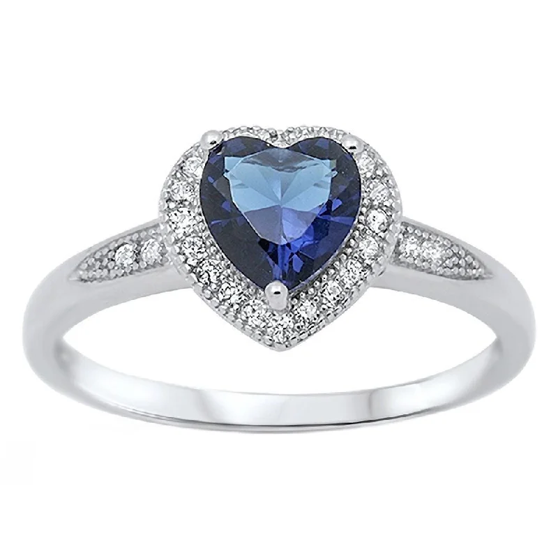 silver statement rings -Ida: 0.87ct Heart cut Simulated Sapphire with Round IOF CZ Halo Promise Ring