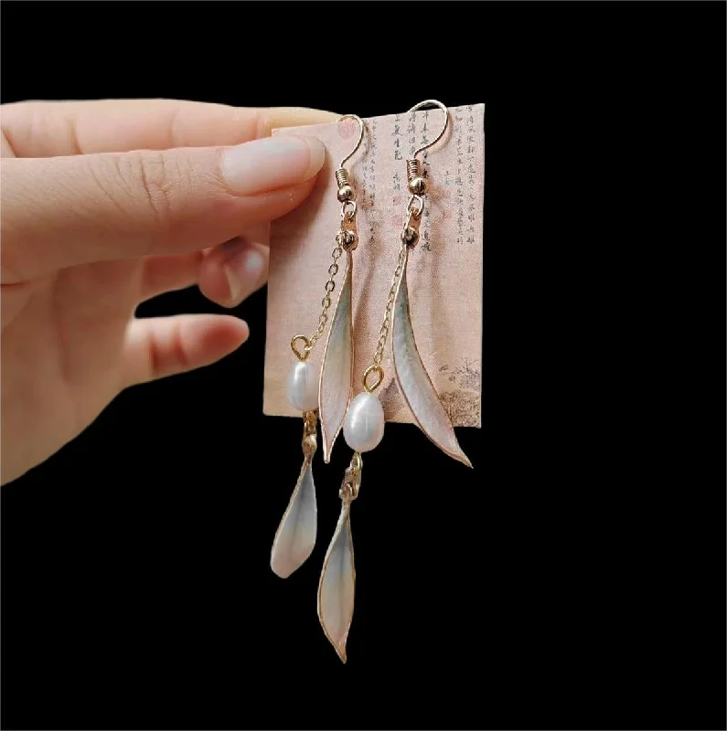 classic pearl earrings for women -Ink Color Handmade Earrings - Silk Earrings(Ronghua)