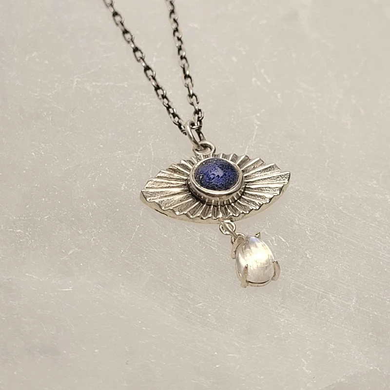 dainty silver necklaces for women -Evil Eye Teardrop Necklace with Lapis Lazuli and Moonstone - Sterling Silver