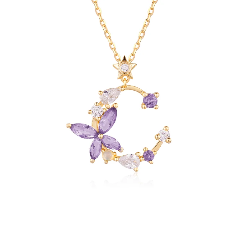 birthstone necklaces for women -Monarch Butterfly Amethyst Opal Necklace (Yellow Gold)