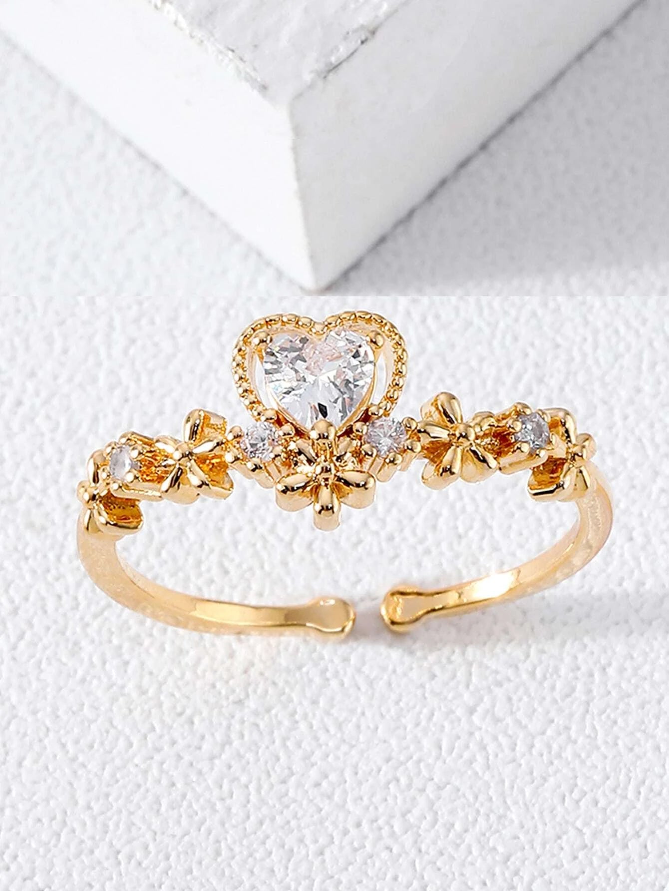 colorful rings for women -Gold Adjustable Ring w/ White Rhinestone Heart