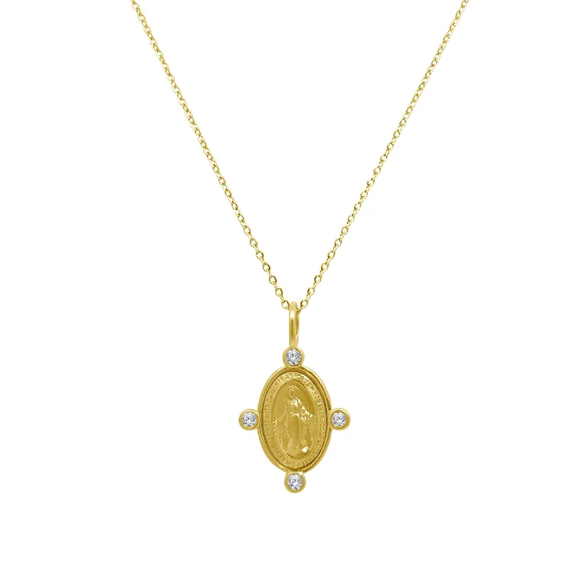 delicate necklaces for women -Miraculous Medal with Diamond Bezel Border