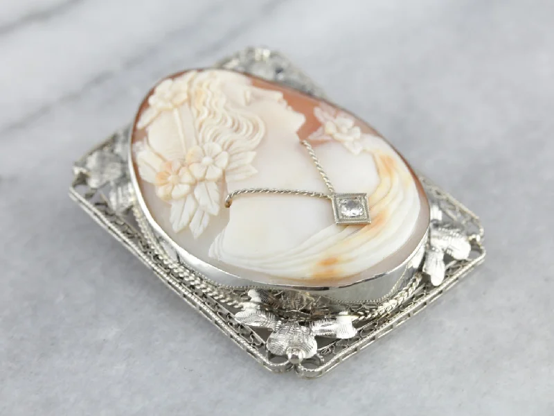 Vintage Floral Filigree Cameo Brooch Pendant