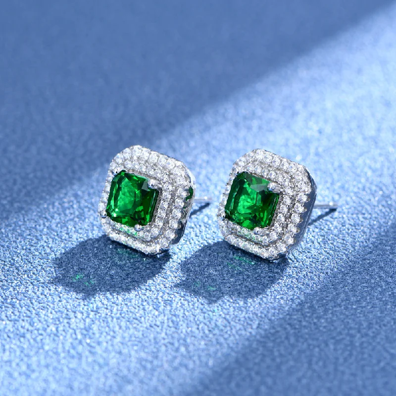 romantic earrings for women -Double Halo Cushion Cut Stud Emerald Green Earrings In Sterling Silver