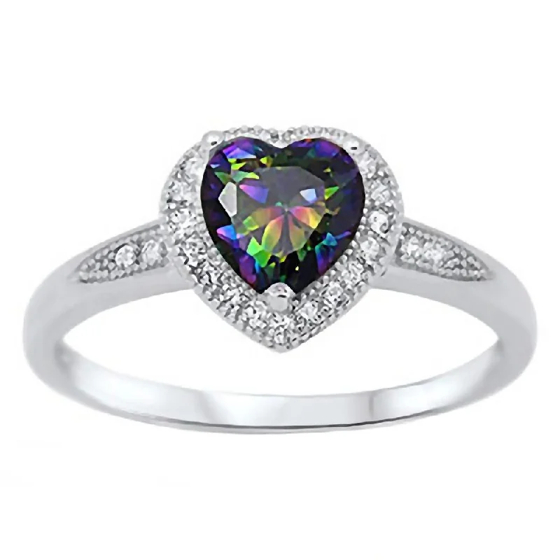 cocktail gemstone rings -Kattia: 0.87ct Heart cut Mystic Rainbow Topaz with Round CZ Halo Promise Ring