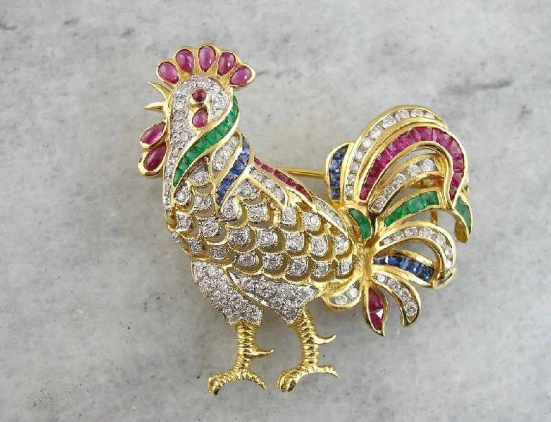 The Golden Rooster, Beautiful Ruby Diamond, Emerald and Sapphire Brooch with Handsome Chicken