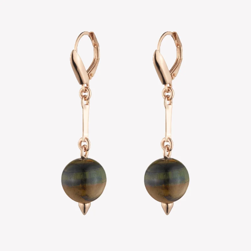 luxury drop earrings for women -BEADED SPHERE DROP EARRINGS - TIGER EYE