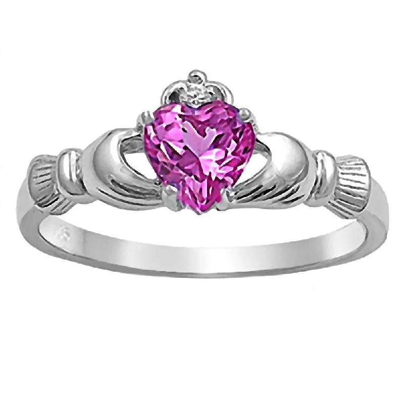 unique gold rings for women -Niam: 0.765ct Heart cut Pink Sapphire Claddagh Promise Ring Silver