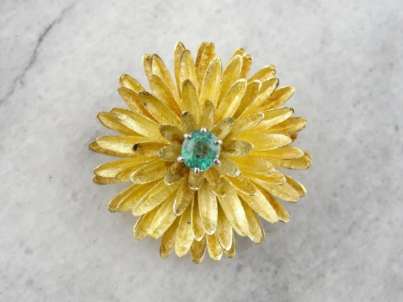 Flower Brooch with Bright Emerald Center, Textured High Karat Yellow Gold