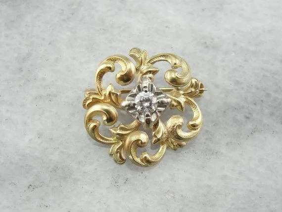 14K Gold Love Knot, Victorian Diamond Brooch