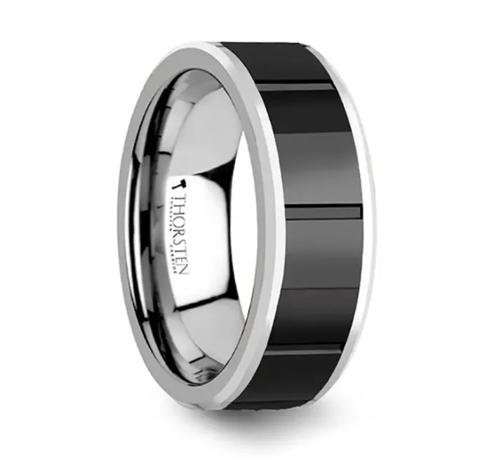 gold bar necklaces for women -KONSTANTINE Watch Band Style Tungsten Ring With Black Ceramic Inlay - 8mm