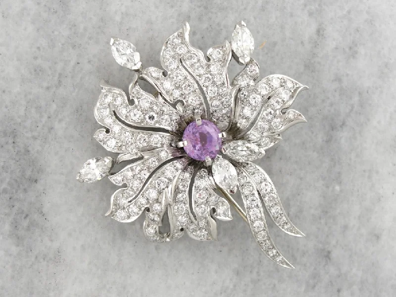 Spectacular Pink Sapphire and Diamond Retro Era Platinum Brooch