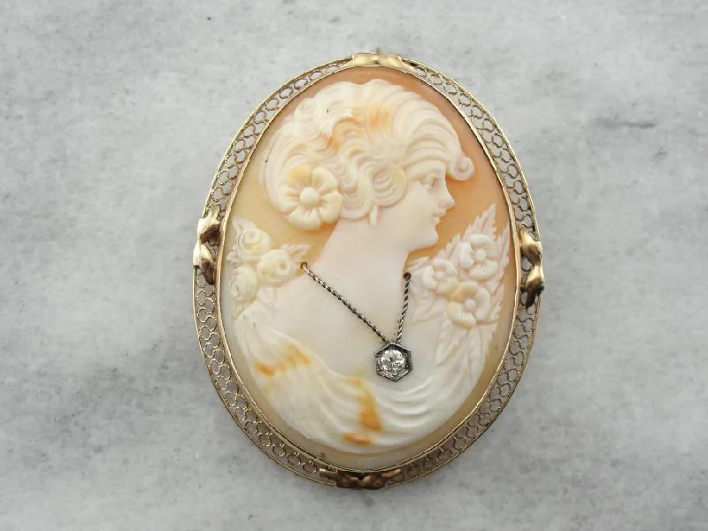 Antique Shell Cameo and Diamond Brooch or Pendant in Gold Frame