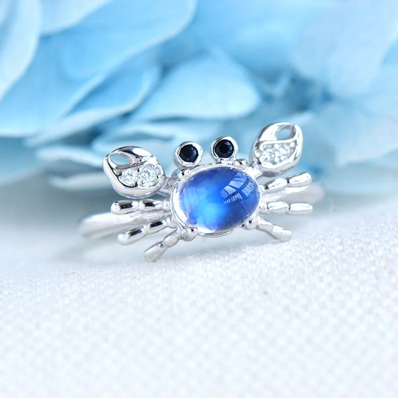 cocktail rings for women -Crab Shaped Women's Sterling Silver Genuine Blue Moonstone Ring June Birthday Jewelry for Women