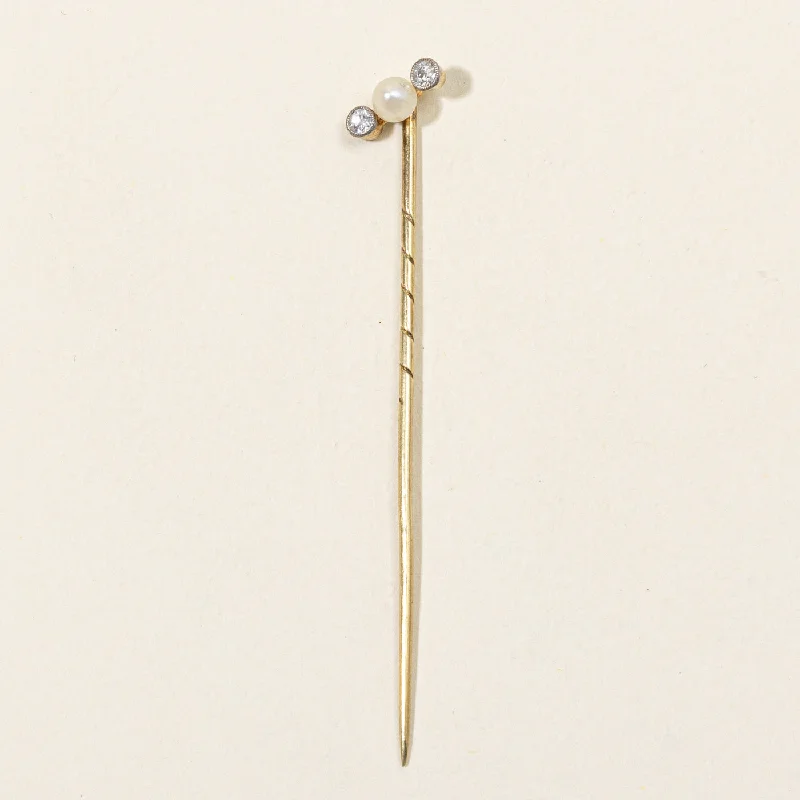 Old European Cut Diamond & Pearl Pin | 0.08ctw, 3.70mm Pearl |