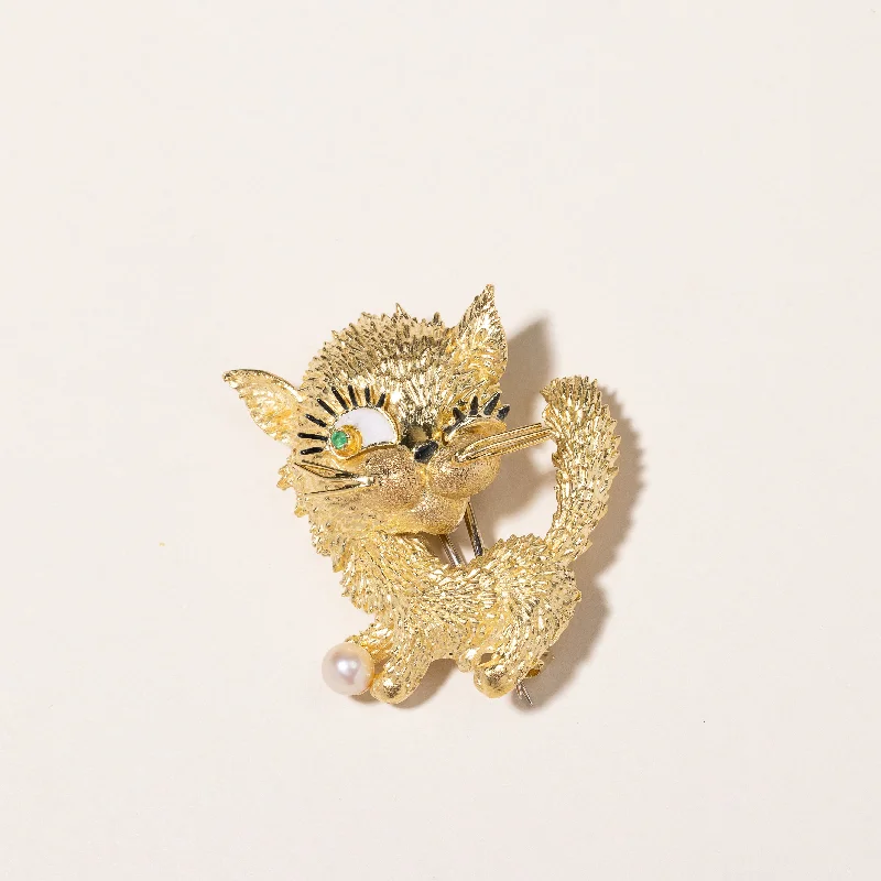 Pearl & Emerald Cat Brooch | 5.20mm, 0.02ct |