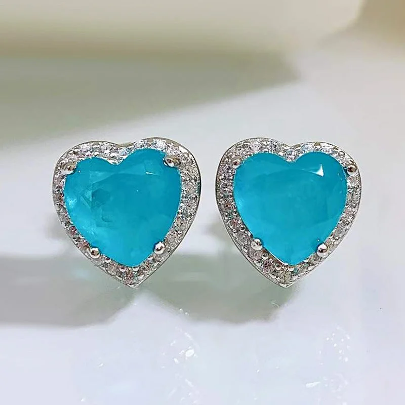 wedding earrings for women -Heart Cut Simulated Paraiba Tourmaline Earrings in Sterling Silver