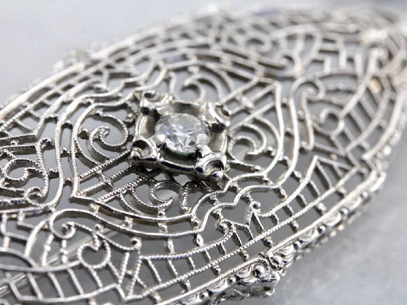 Art Deco Diamond White Gold Filigree Brooch