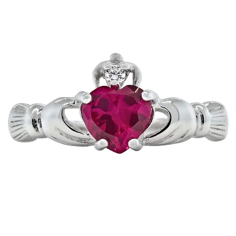 engagement ring sets -Myrna: 0.765ct Heart cut Ruby Ice CZ Claddagh Promise Ring Silver