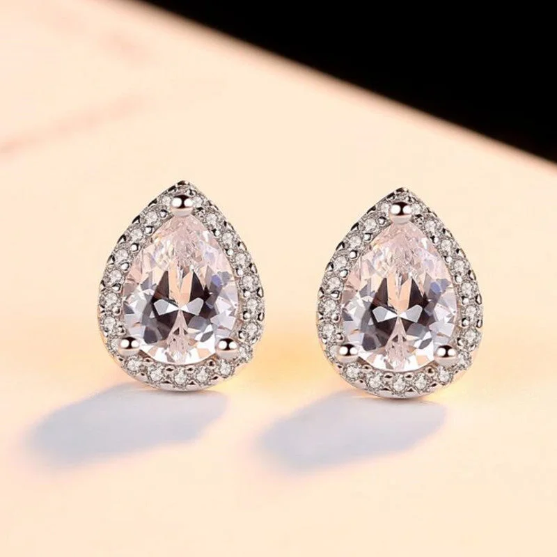 fashion earrings for women -Pear Cut Halo Moissanite Stone Stud Earrings