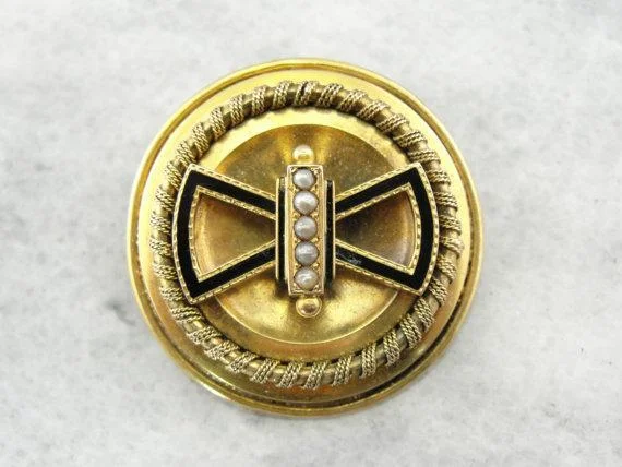 Victorian Seed Pearl Enamel Gold Brooch