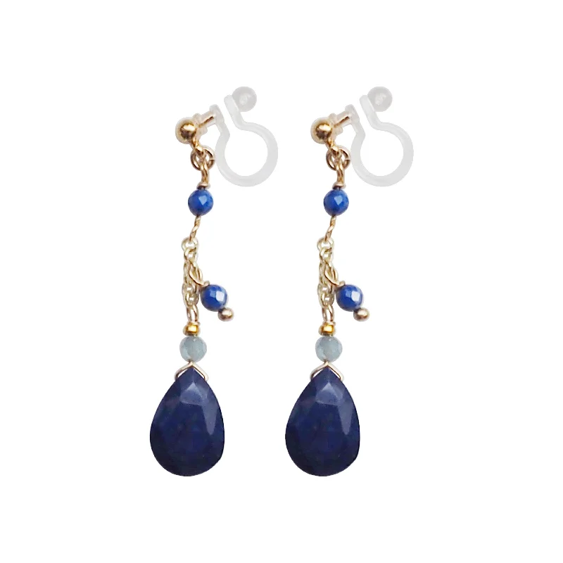 silver dangle earrings for women -Blue Lapis Lazuli Invisible Clip On Earrings