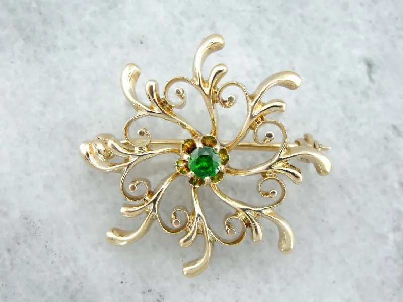 Vintage Demantoid Garnet Brooch, Victorian Revival Pin in Yellow Gold